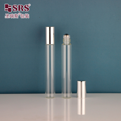 15 mm Durchmesser Rohrrohr Glas 10 ml Edelstahl Rollkugel auf Flasche mit glänzender Metall-Aluminiumkappe für ätherische Öle leere Parfümverpackung